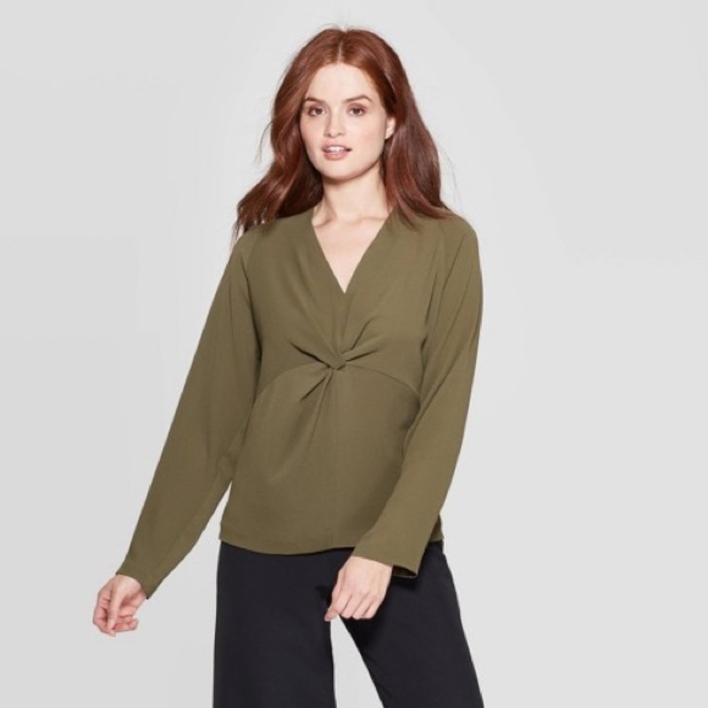 Prologue Long Sleeve V-Neck Twist Front Blouse